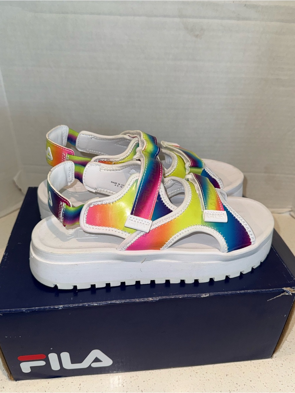 Fila Kids Rainbow Strappy Platform Sandals - White & Multicolor